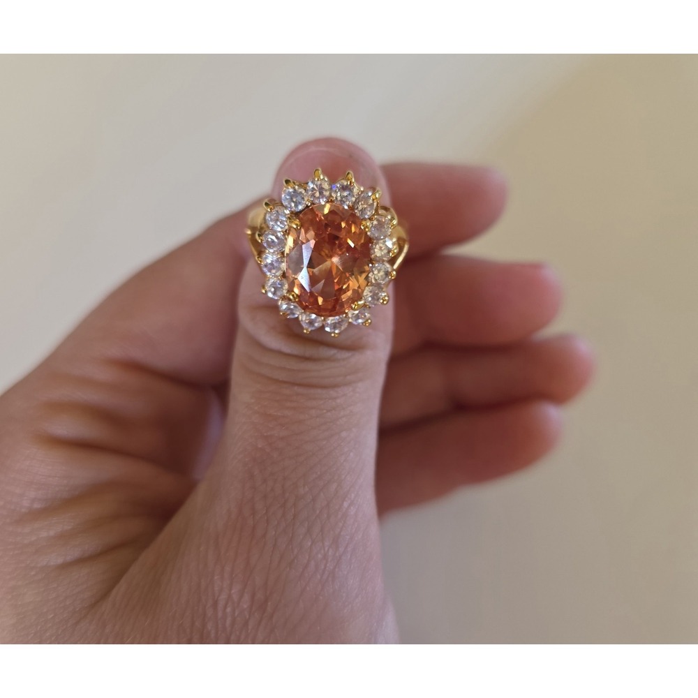 Gold Tone Orange Peach Oval Stone Halo Statement Ring Unmarked 10g
